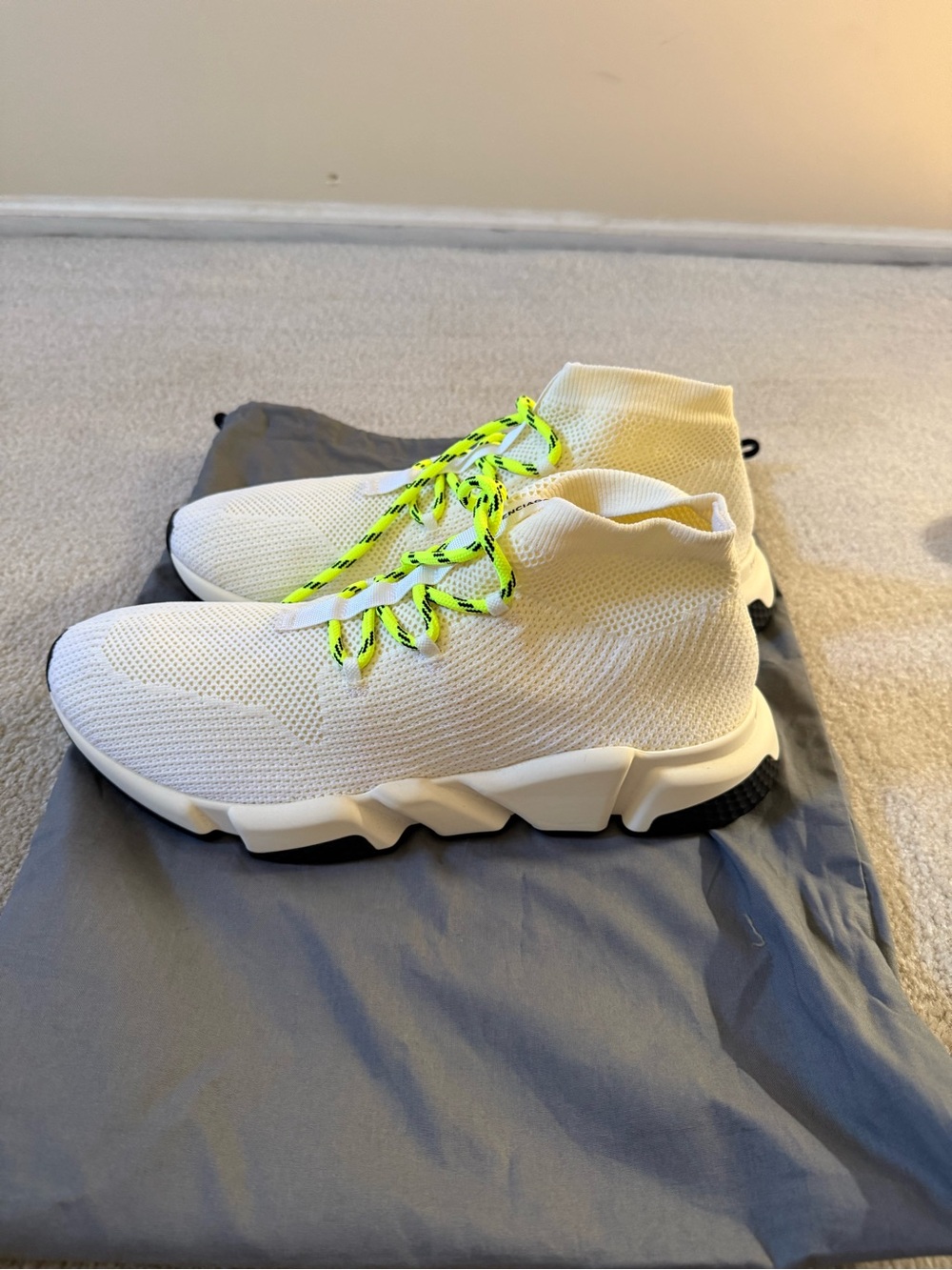 Balenciaga White Knit High-Top Sneakers with Neon Yellow Laces